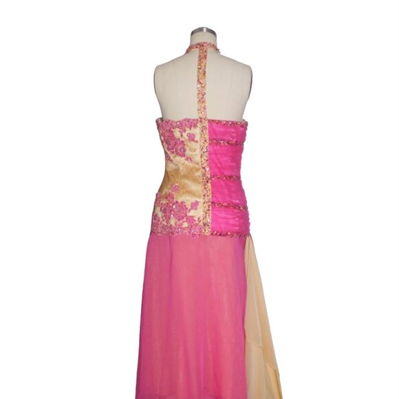 Vtg Halter Neck Handkerchief Gown US 6 M Gemstone Sequin Asymmetric Prom Dress - Picture 6 of 8